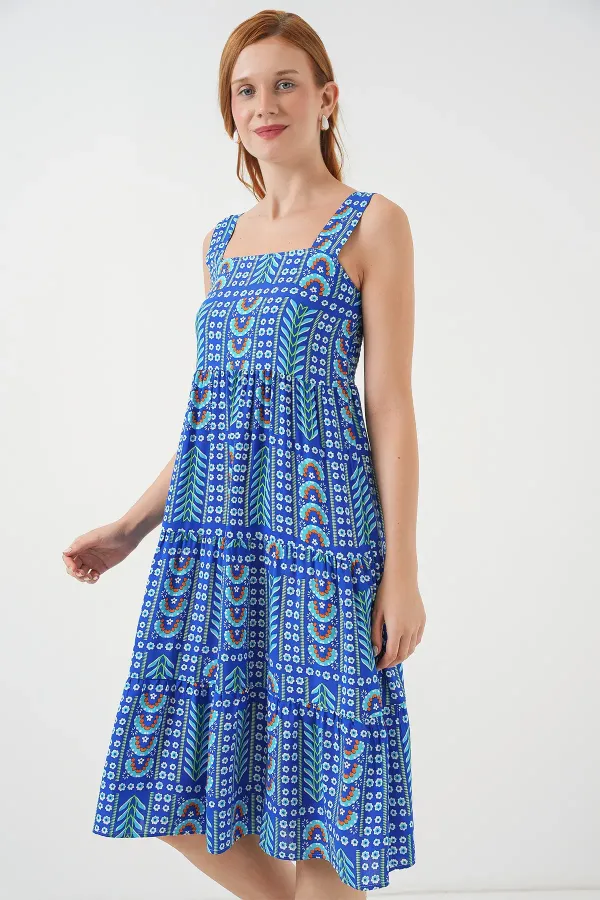 Robe midi à bretelles à motifs pour femme 2577 - Bleu marine