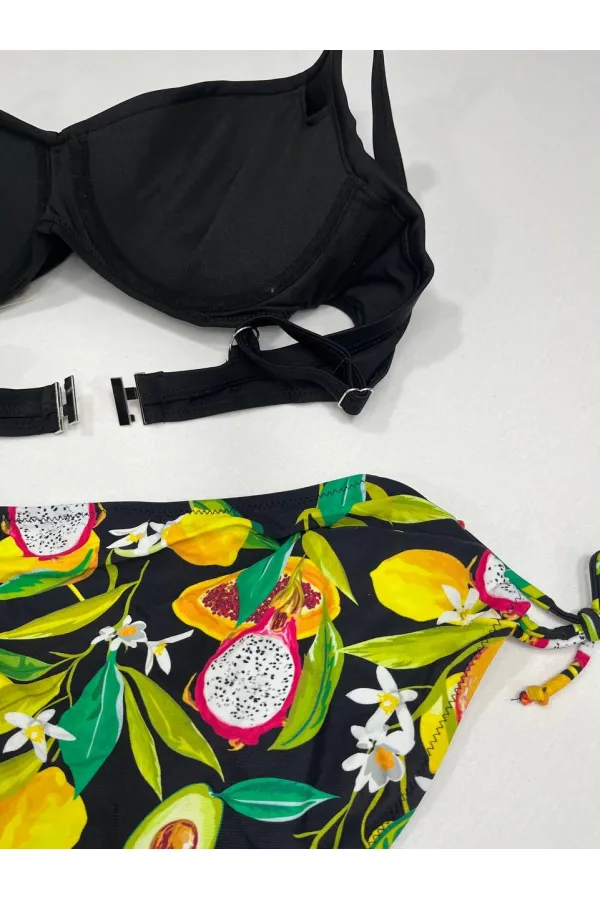 Women's Black Accessory Detailed Tropical Pattern Bikini Set HZL25S-LC3343