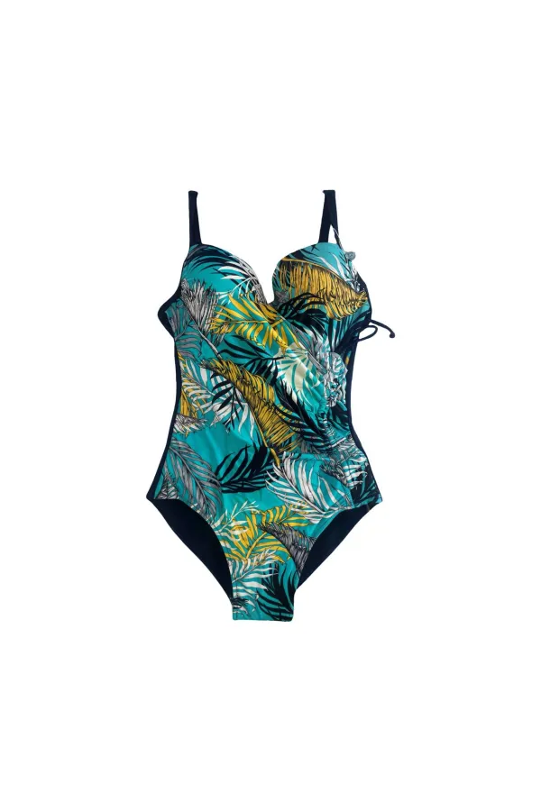 Maillot de bain drapé latéral bleu marine, turquoise et jaune, motif plumes, pour femme, HZL25S-LC6243