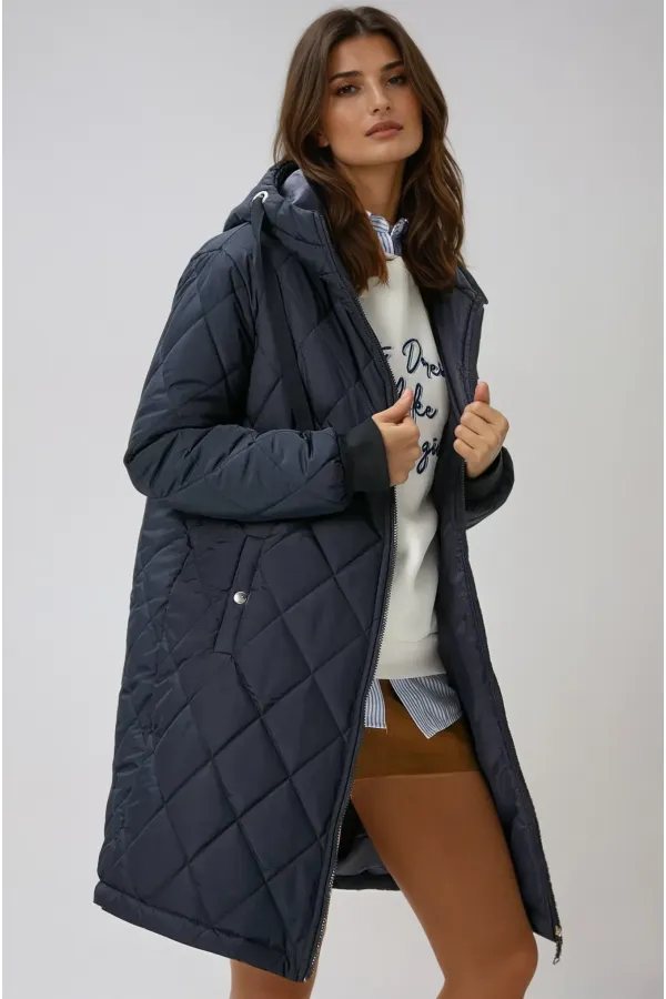 Kadın Lacivert Kapitone Uzun Şişme Mont HZL22W-BD151381