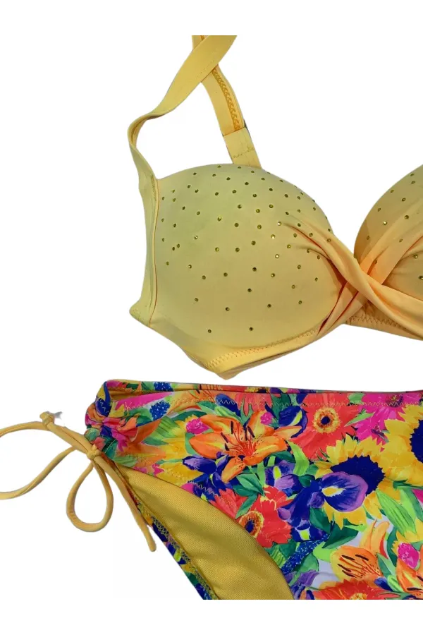 Kadın Sarı Çiçek Desenli Taş İşlemeli  Astarlı Bikini Takım HZL25S-LC3313