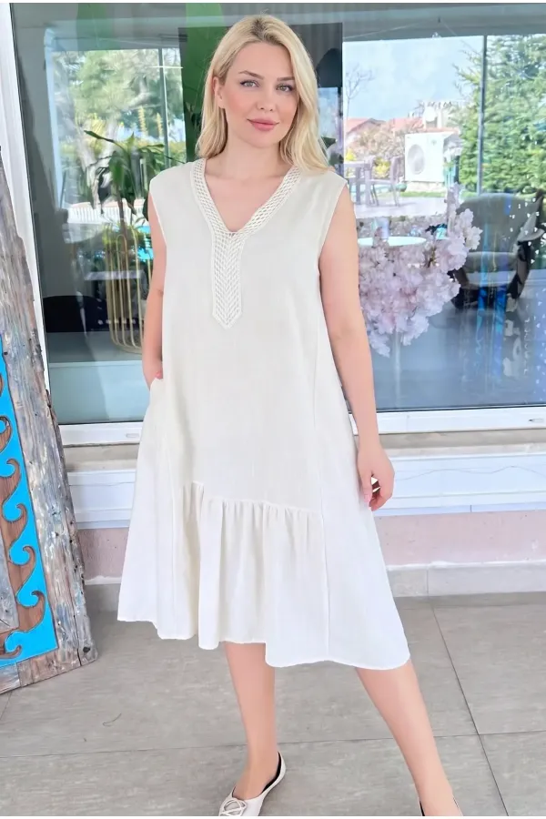 Women's Cream V-Neck Embroidered Standard Size Summer Linen Dress HZL26S-VL14211