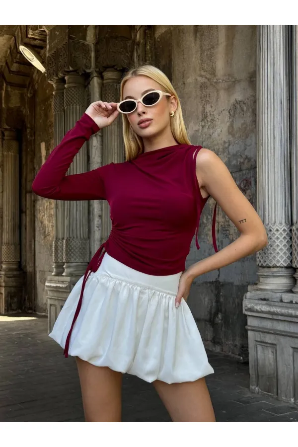 Kadın Bordo Tek Kol Yanları Büzgülü Sandy Kumaş Bluz HZL25W-ZK11501