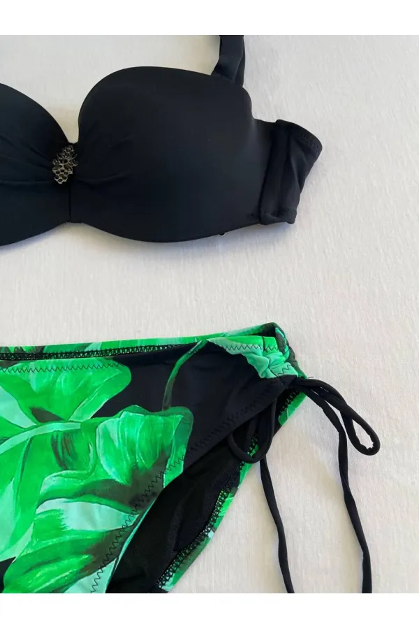 Ensemble bikini femme à boucle noire et motif vert détaillé HZL25S-LC3352