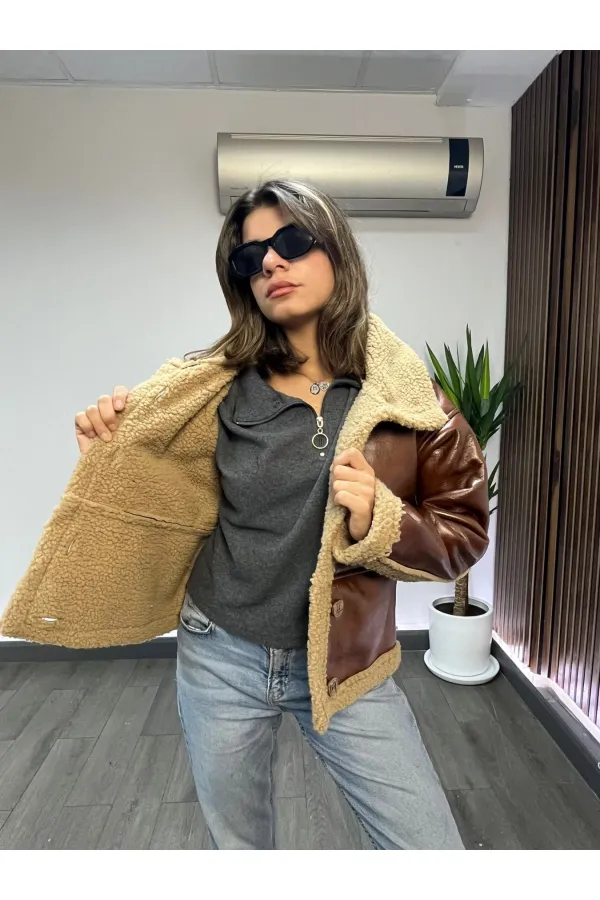 Women's Camel Faux Leather Jacket with Fur Lining and Button Closure HZL23W-BRC129331 Women's Camel Faux Leather Jacket with Fur Lining and Button Closure HZL23W-BRC129331