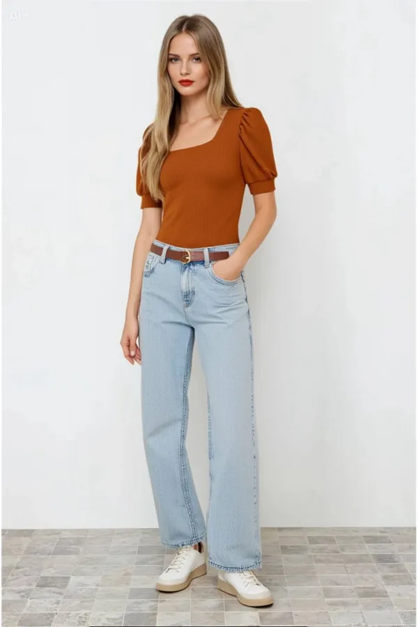 Kadın Taba Kare Yaka Örme Bluz HZL22W-BD104091