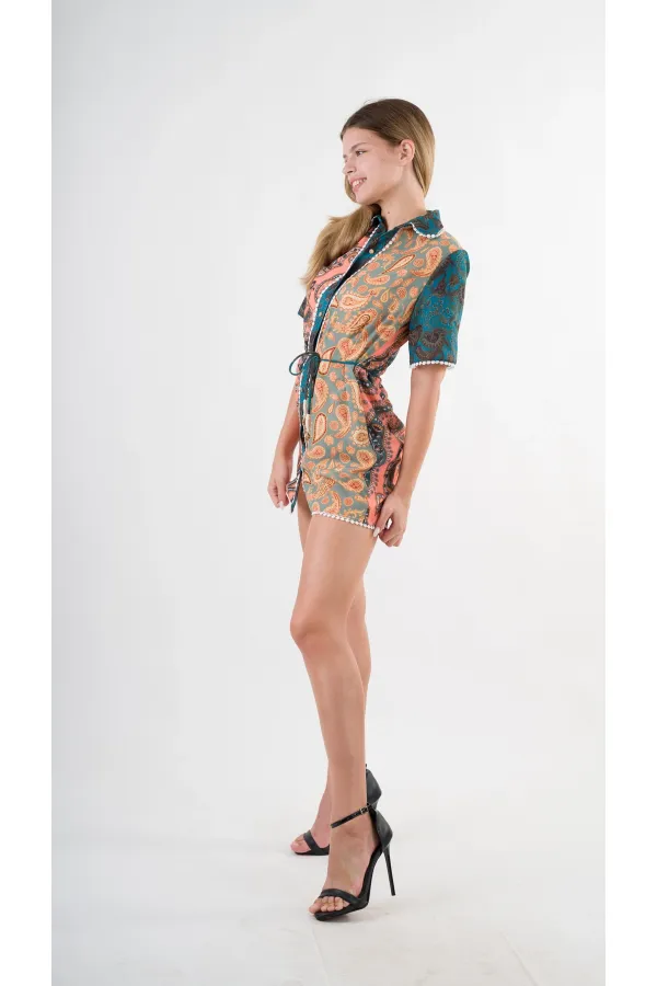 Kadın Yeşil Sarı İp Kemerli Küpürlü Gömlek Görünümlü Elbise HZL24S-YY237