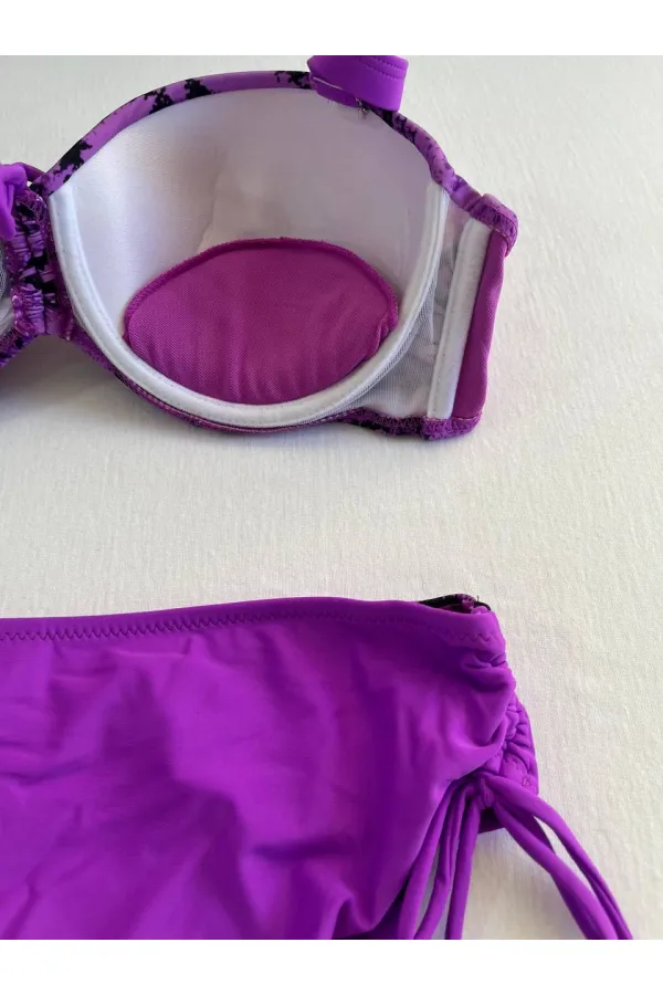 Kadın Lila Siyah Desenli Taş İşlemeli Toparlayıcı Bikini Takım HZL25S-LC3333