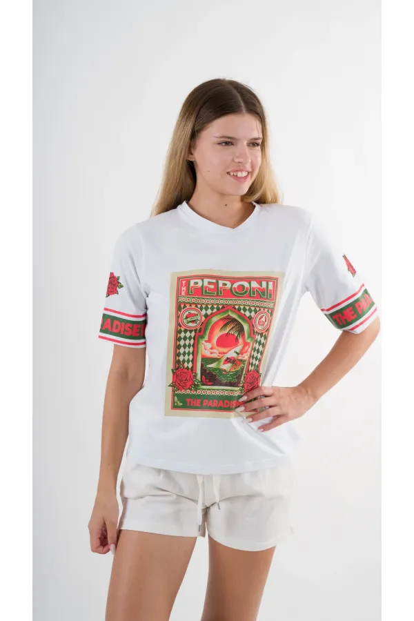 Kadın Beyaz Kırmızı Peponi Baskılı Bisiklet Yaka T-Shirt HZL24S-YY302