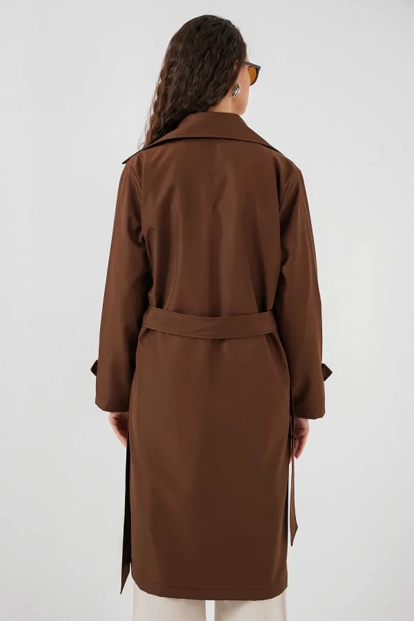 Women's Brown Double-Breasted Belted Lined Trench Coat HZL25W-BD159181