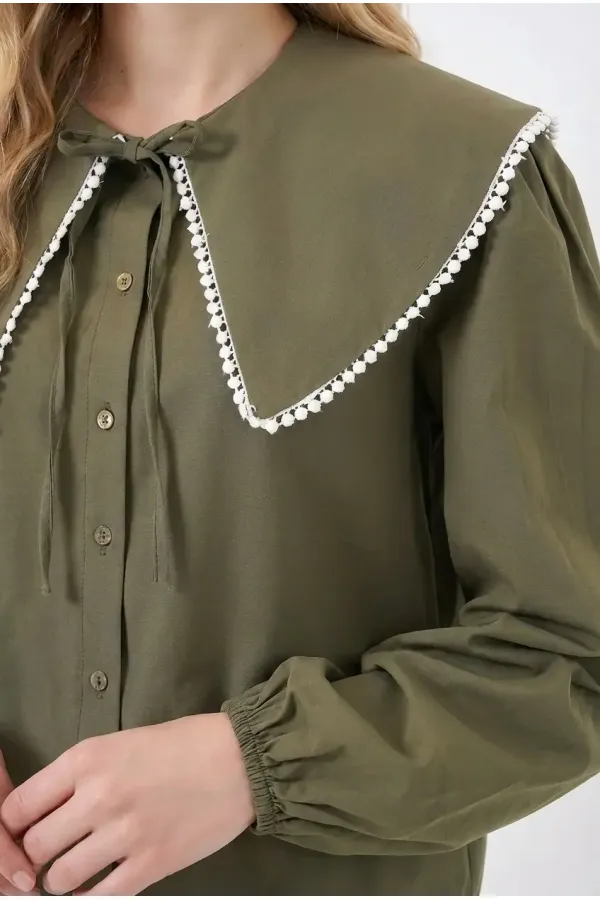 Kadın Haki Bebe Yaka Düğmeli Şık Günlük Gömlek HZL26S-BD1203141
