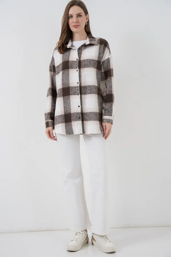 Women's Plaid Pattern Oversize Lumberjack Shirt 3854 Biscuit