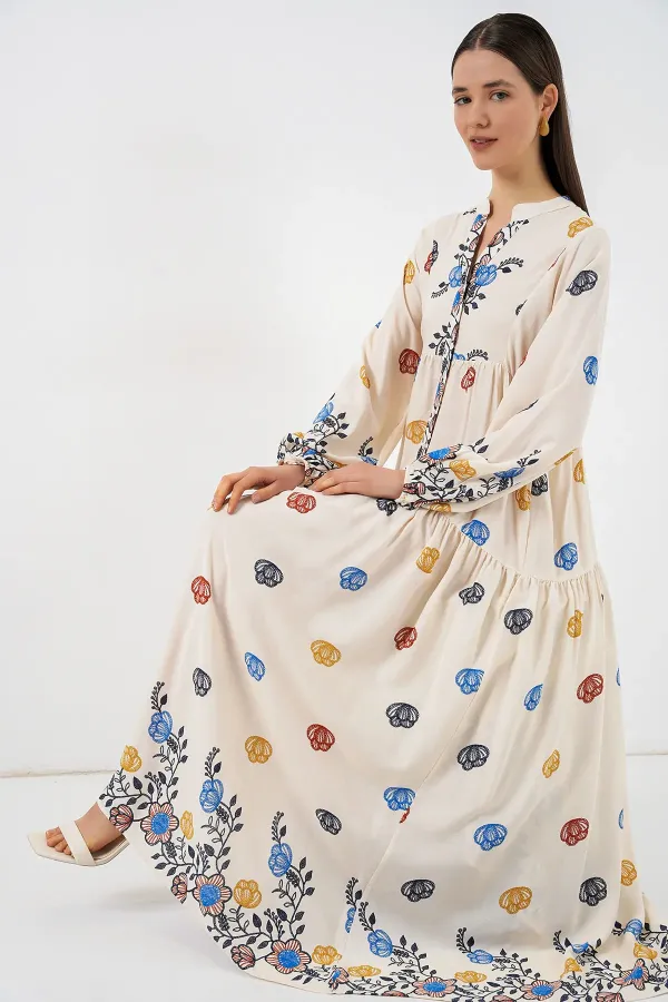 Kadın Desenli Uzun Tesettür Elbise 2585 - Lacivert 8