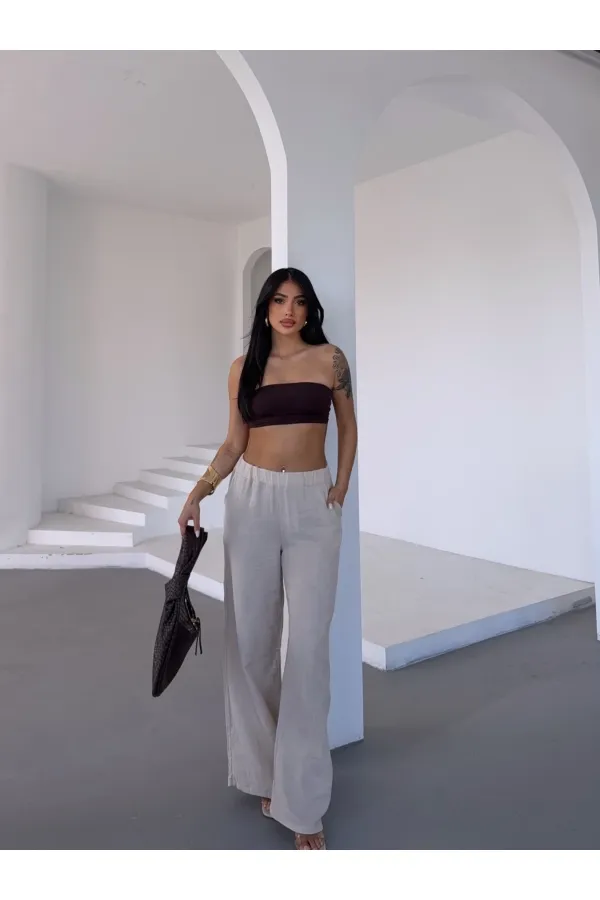 Kadın Bej Beli Lastikli Müslin Kumaş Bol Paça Pantolon HZL25S-DSB12221