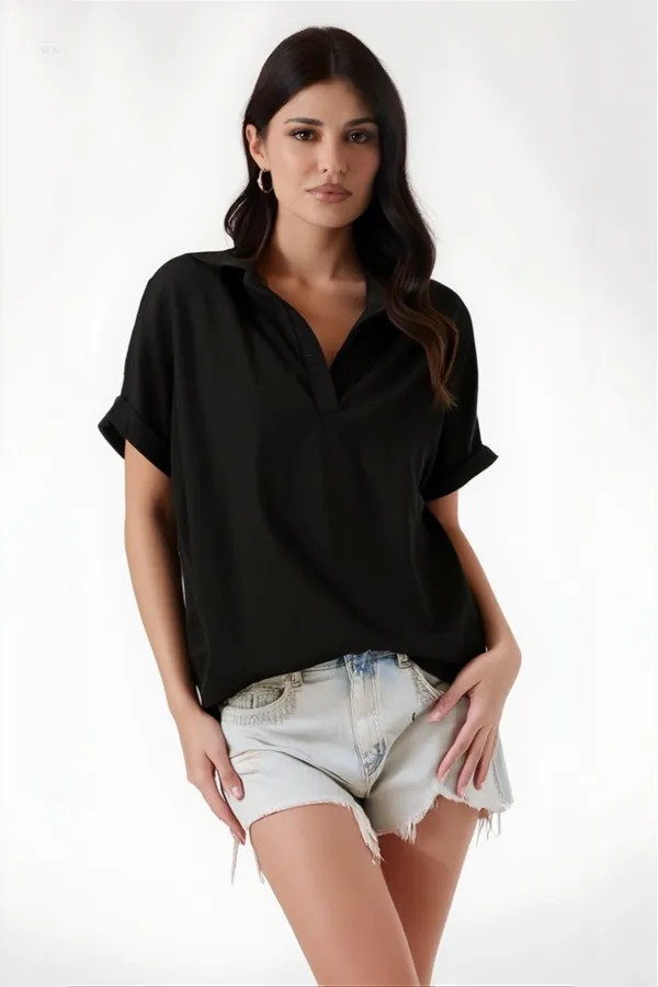 Kadın Siyah Polo Yaka Geniş Kesim Örme Bluz HZL24S-BD104861