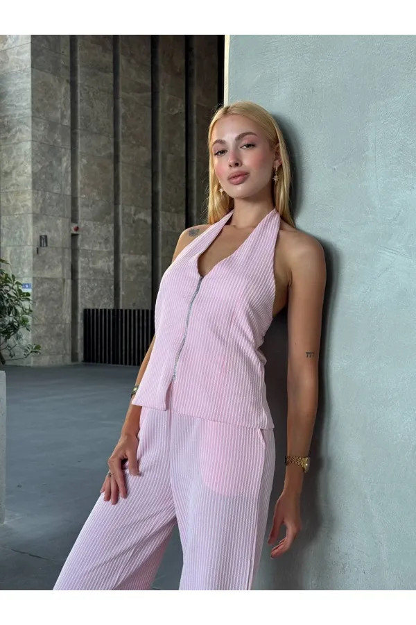 Kadın Pembe Çizgili Önü Fermuarlı Bluz Pantolon İkili Takım HZL25S-ZK13691