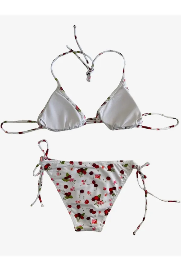 Ensemble bikini triangle dos nu à motif cerise blanche pour femme HZL25S-LC5005
