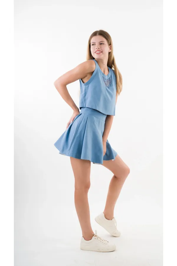 Kadın İndigo Mavi Dantel Desenli Bisiklet Yaka Kolsuz Astarlı Elbise HZL24S-YY10021