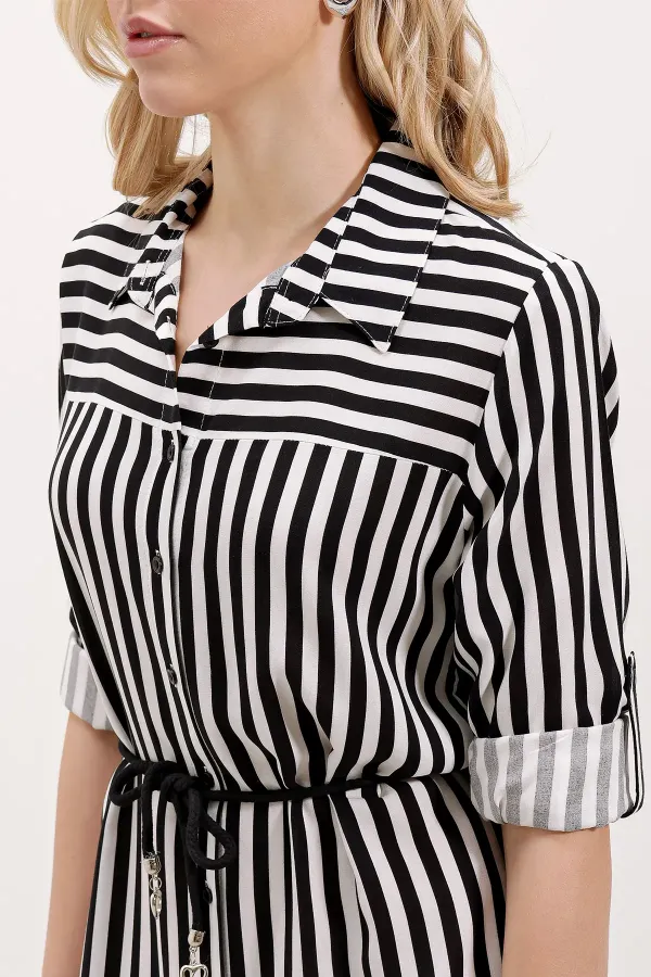 5629 Striped Belted Dress - Black