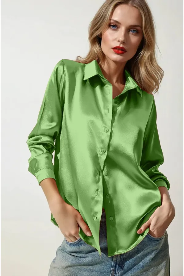 Women's Pistachio Green Lightly Flowing Satin Surface Shirt HZL22W-BD139641