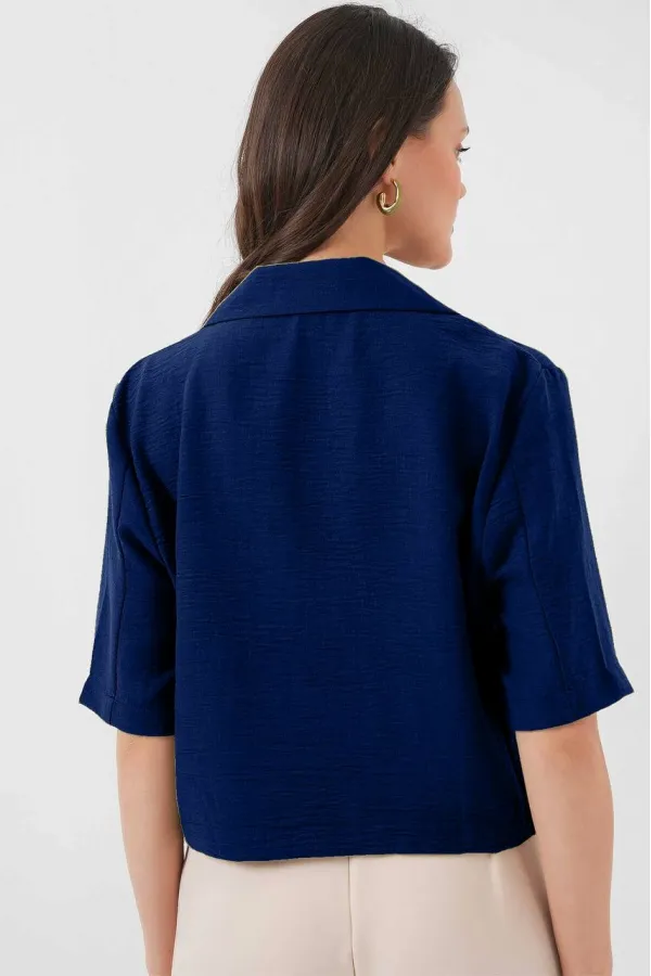Women's Navy Blue Short Sleeve Shawl Collar Buttoned Seasonal Linen Ayrobin Jacket HZL24S-BD107061