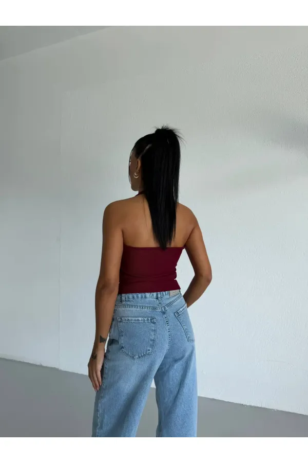 Kadın Bordo Ottoman Kumaş Halter Yaka Toka Detay Bluz HZL26W-FRY123321