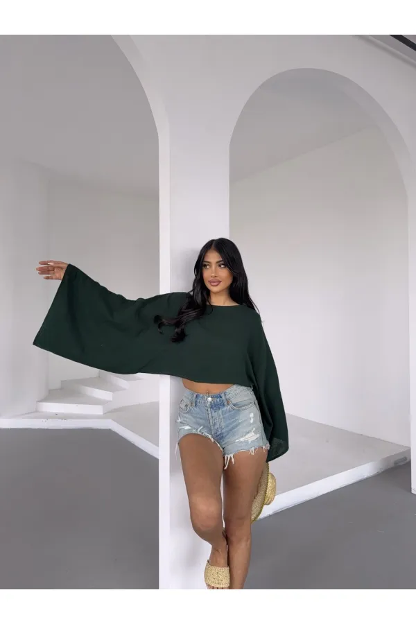 Kadın Zümrüt Yeşil Panço Model Müslin Bluz HZL25S-DSB16161