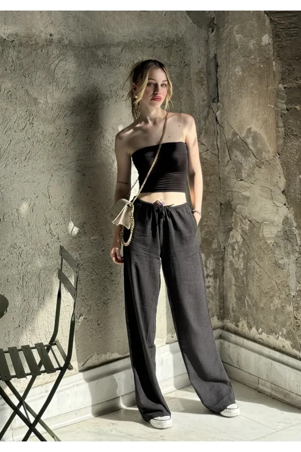 Women's Black Elastic Waist Wide Leg Linen Trousers with Pockets HZL24S-ZK11051