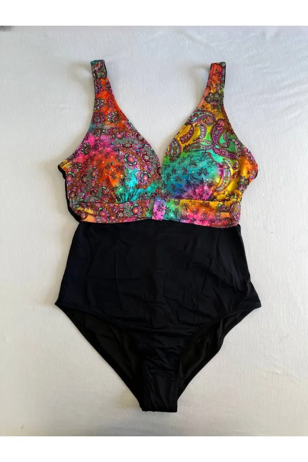 Women's Black Multicolored V-Neck Swim Trunks HZL25S-LC4008