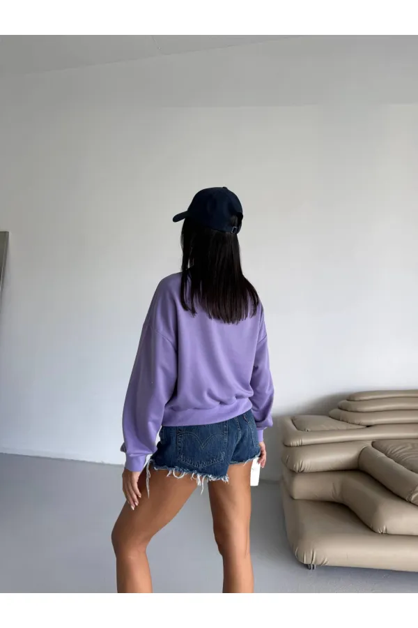 Kadın Lila Bisiklet Yaka 2 İplik Sweatshirt HZL25W-FRY123391