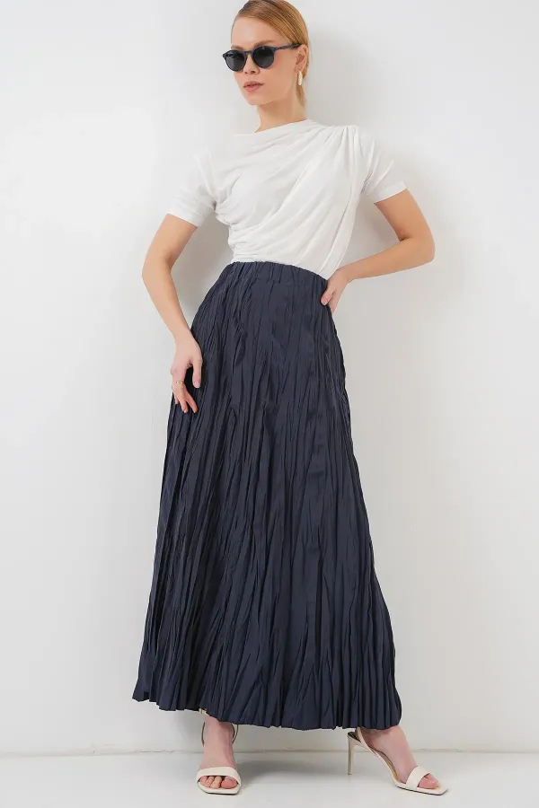 Jupe longue froissée pour femme 8042 - Bleu marine