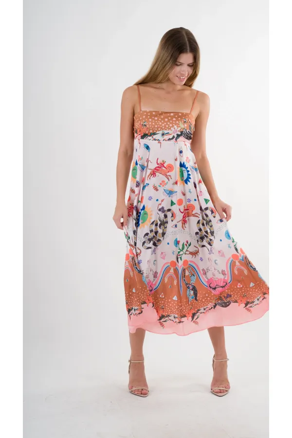 Kadın Çok Renkli İp Askılı Astarsız Uzun Elbise HZL24S-YY276