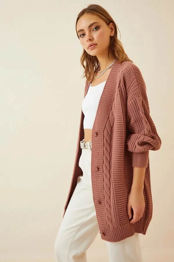 Women's Dusty Rose Hair Knitting Pattern Long Buttoned Casual Cut Knitwear Cardigan HZL23W-BD1100691