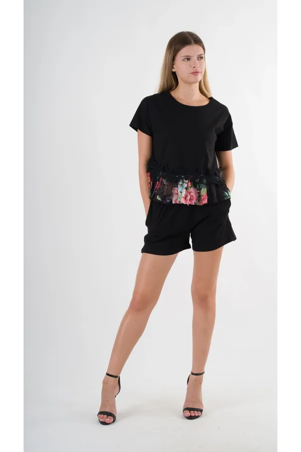 Kadın Siyah Dantel Çiçek Desenli Bisiklet Yaka Bluz HZL24S-YY256