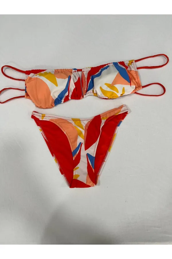 Ensemble bikini sans bretelles doublé à motifs tropicaux multicolores pour femme HZL25S-AR1666