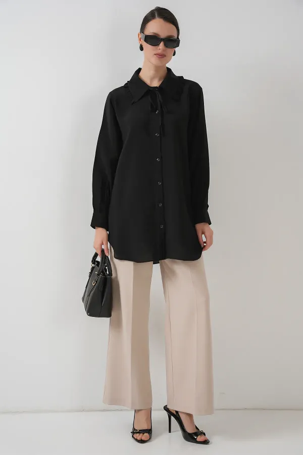 Fırfırlı Uzun Gömlek Tunik 5952 - Siyah