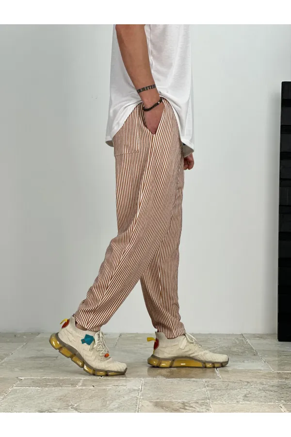 Erkek Taba Beyaz Çizgili Beli İp Bağlamalı Düz Kesim Cepli Pantolon Eşofman Altı HZL24S-MXC8948-179