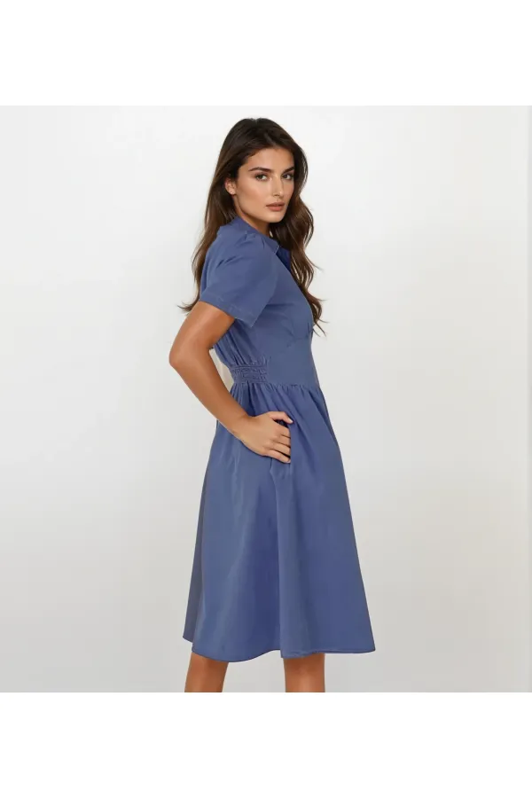 Women's Denim Short Sleeve Elastic Waist Half Buttoned Chest Dart Jeans Dress HZL22S-BD122101