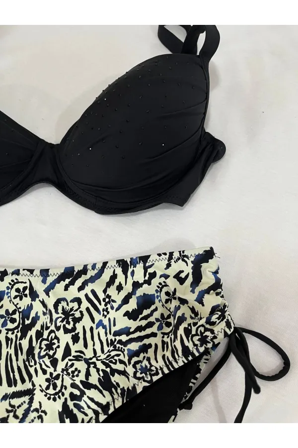 Kadın Siyah Taş İşlemeli Bej Desenli Astarlı Büyük Beden Bikini Takımı HZL25S-LC3351