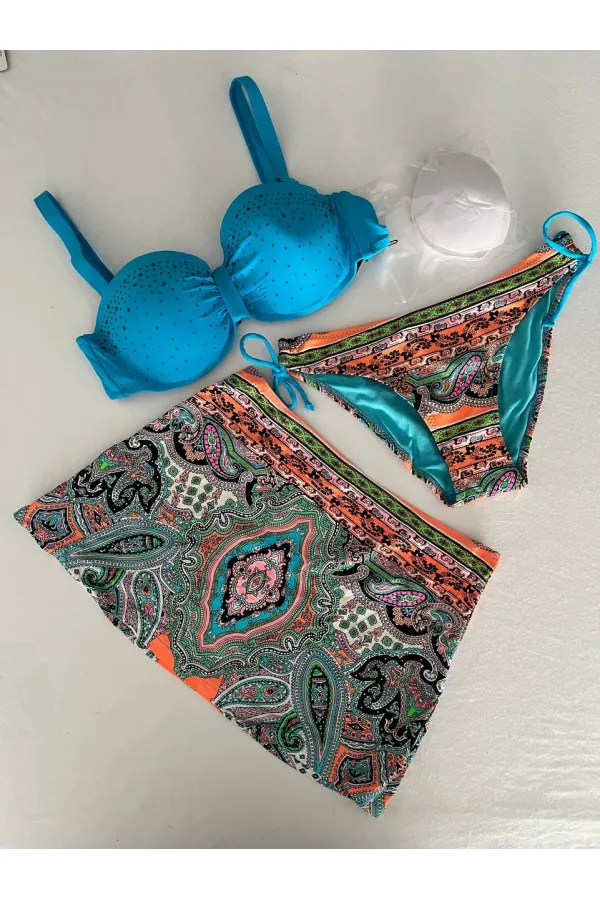 Kadın Mavi Taş İşlemeli Desenli 3 Parça Bikini Takım HZL25S-LC3326