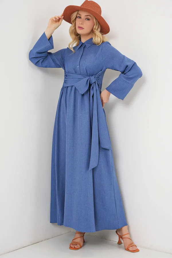 Robe en lin à nouer sur le devant pour femme 2574 - Indigo