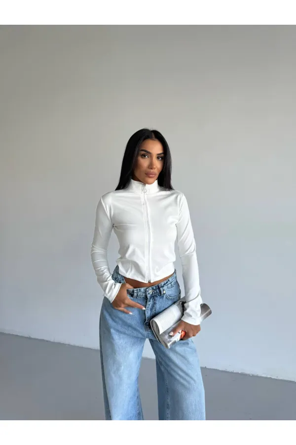 Women's White Diving Fabric Zippered Finger-Tight Sweatshirt HZL25W-FRY123441