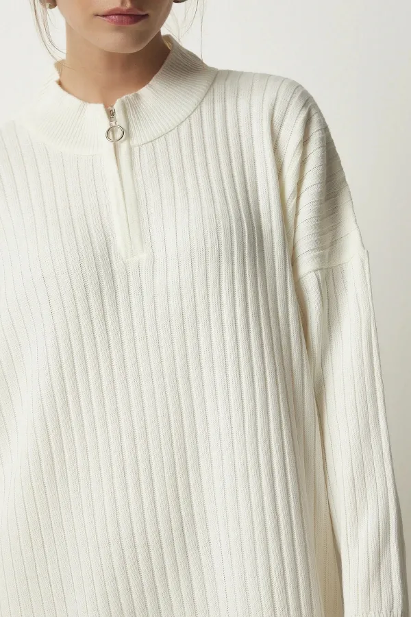 Robe midi en maille côtelée à col zippé, coupe ample, couleur blanc cassé, pour femme HZL24W-BD1101831