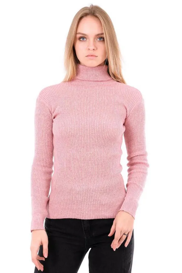Pull côtelé rose à col roulé pour femme HZL22W-H100011
