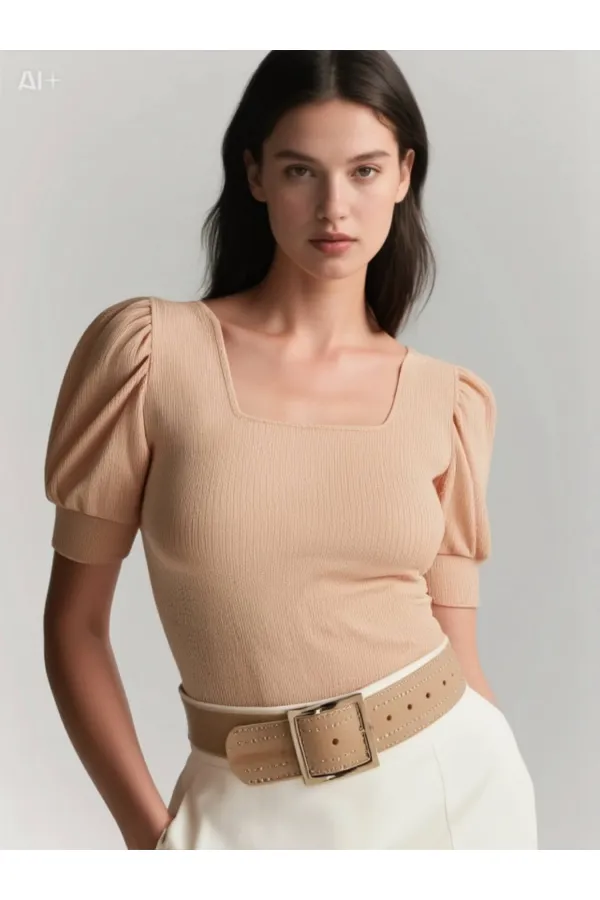 Kadın Bisküvi Kare Yaka Örme Bluz HZL22W-BD104091