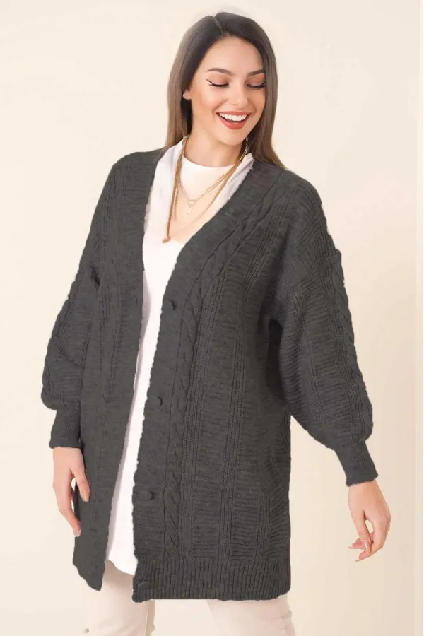 Cardigan long boutonné coupe décontractée en tricot pour femme, cheveux gris, modèle HZL23W-BD1100691
