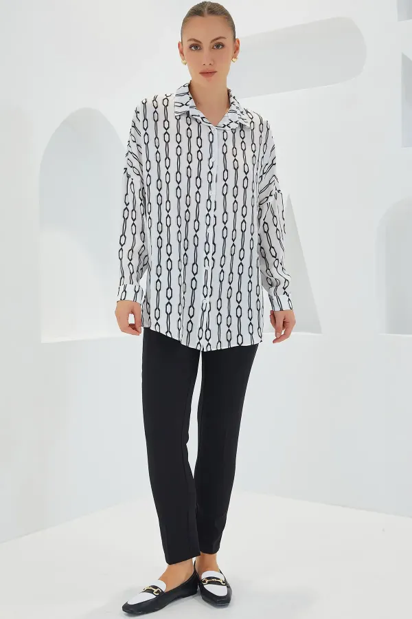 Women's Black and White Patterned Oversize Satin Shirt 3985
