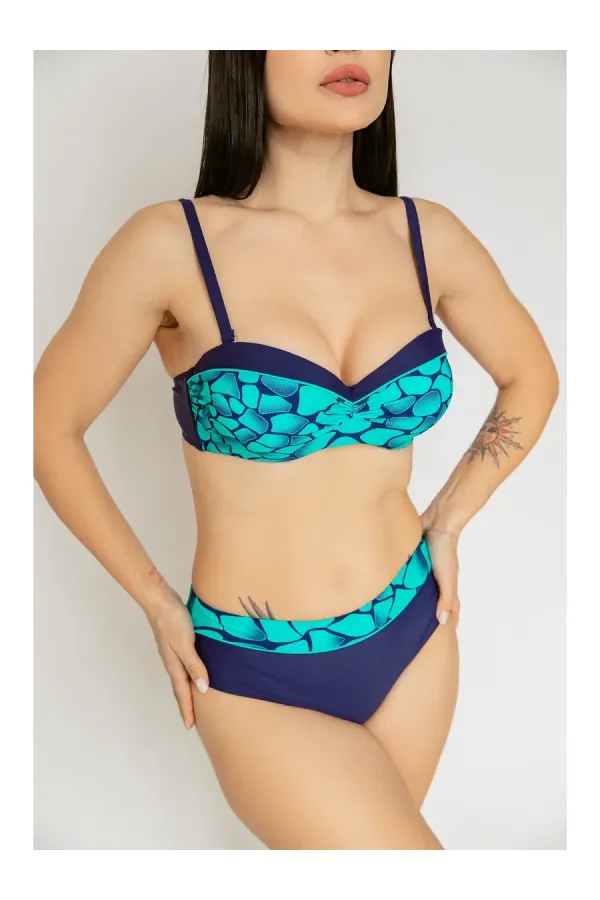 Women's Green Navy Blue Patterned Lined Bikini Set HZL25S-LC25143
