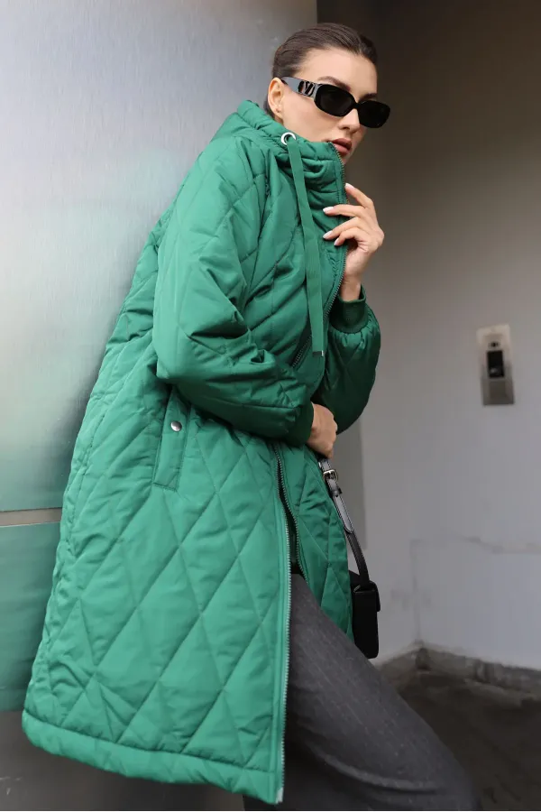 5138 Quilted Long Puffer Jacket - Emerald Green