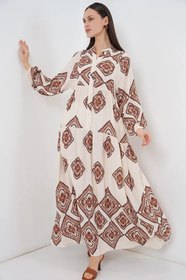 Kadın Desenli Uzun Tesettür Elbise 2585 - Ekru Kahve